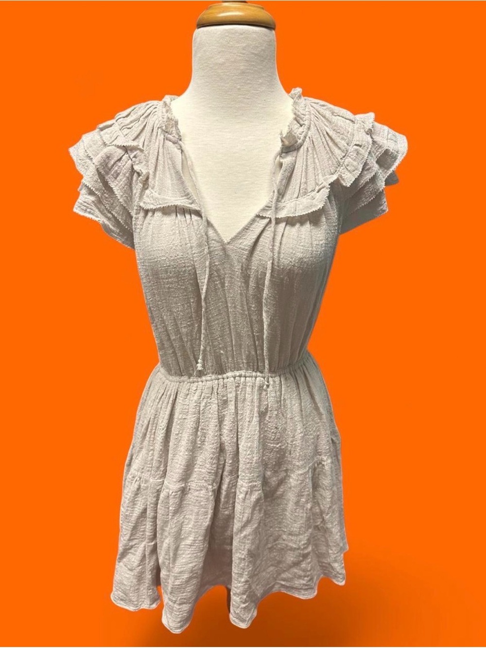 Boho beige Vici Cream Ruffle Sleeve V-Neck dress